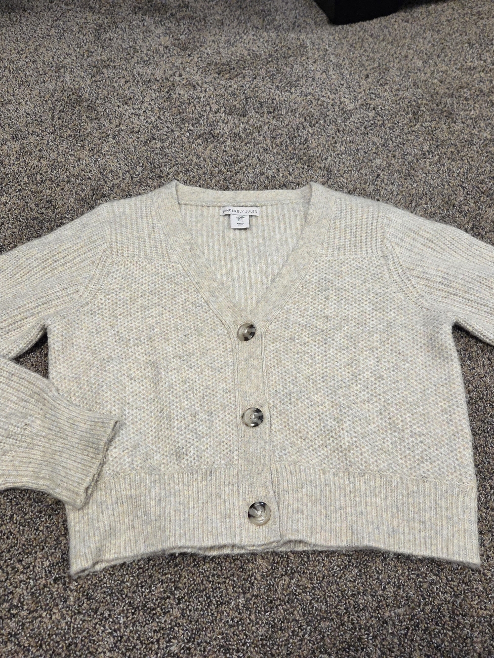 Sz M Sincerly Jules Cream Textured V-Neck Button Cardigan